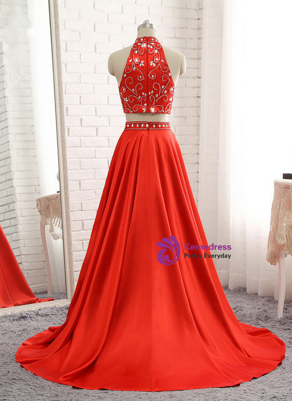 A-line Red Two Pieces Evening Dresses Soft Satin Prom Party Gown