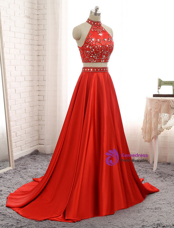 A-line Red Two Pieces Evening Dresses Soft Satin Prom Party Gown