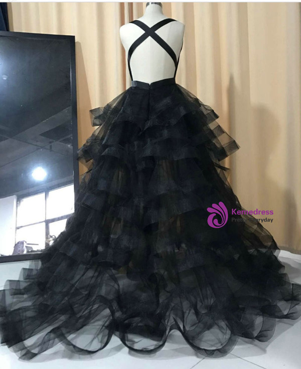 classical black organza sample long neck sexy dress criss cross
