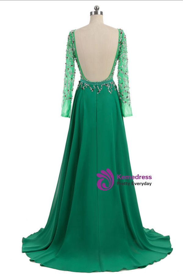 back crystal open long sleeve evening gown evening gown
