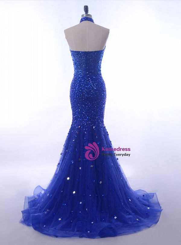 Long Royal Blue Mermaid Prom Dresses Halter For Formal Gowns