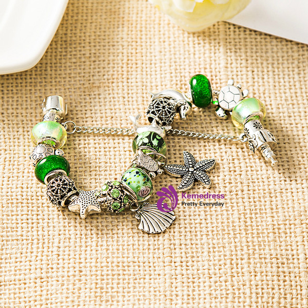 Ocean Style Tortoise Dolphin Charms Bracelets Green Murano Bead Bracelets