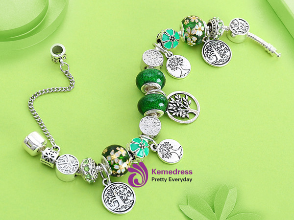 Silver Tree of life Pendants Pan Bead Bracelet & Bangles Green Rhinestone Enamel