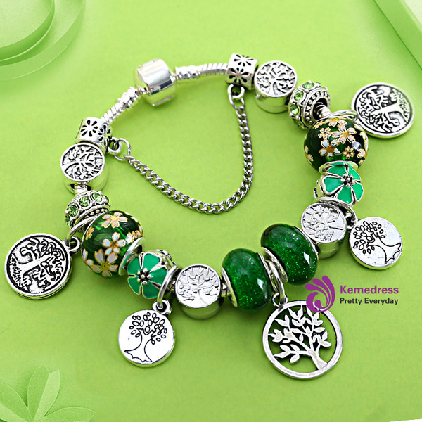 Silver Tree of life Pendants Pan Bead Bracelet & Bangles Green Rhinestone Enamel