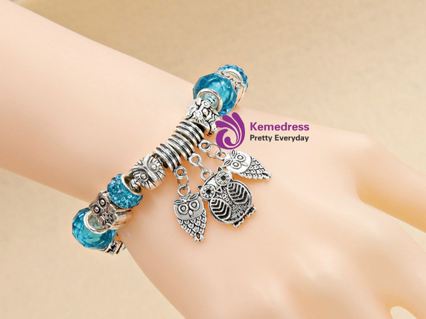 Silver Owl Pendant Charm Bracelet Pink Blue Purple Crystal Bead Pan Bracelets & Bangles