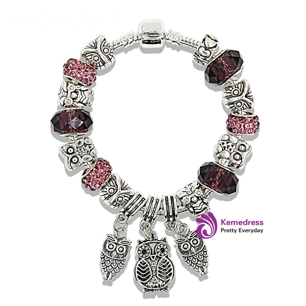 Silver Owl Pendant Charm Bracelet Pink Blue Purple Crystal Bead Pan Bracelets & Bangles
