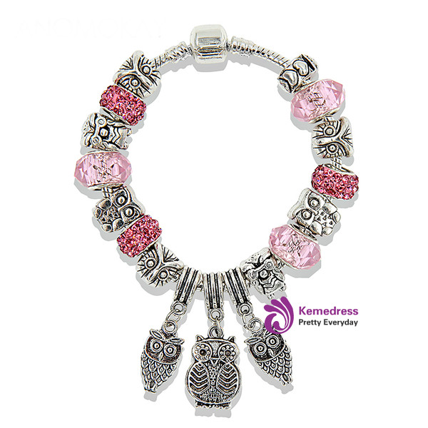 Silver Owl Pendant Charm Bracelet Pink Blue Purple Crystal Bead Pan Bracelets & Bangles