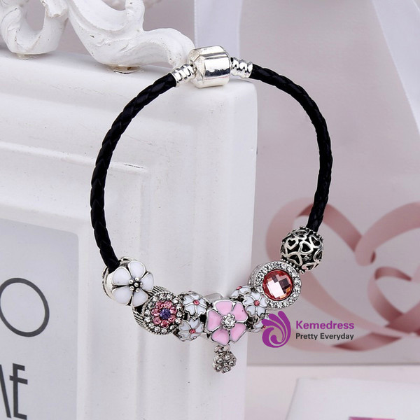 Black Genuine Leather Charm Women Bracelets & Bangles Flower Beads