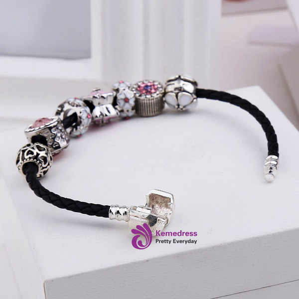 Black Genuine Leather Charm Women Bracelets & Bangles Flower Beads