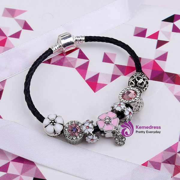 Black Genuine Leather Charm Women Bracelets & Bangles Flower Beads