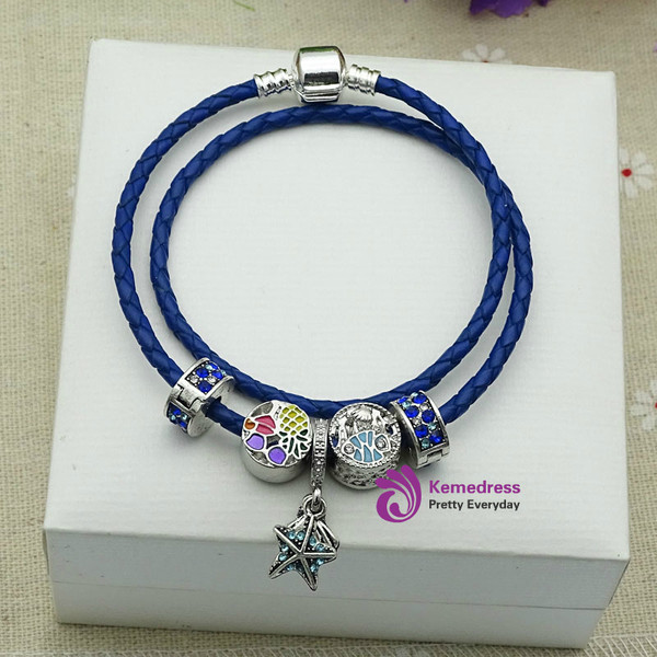 Blue Crystal Clip Beads Vintage Starfish Beads Charm Bracelets For Women