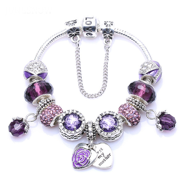 Silver Purple Rhinestone Charm Handmade Charms Bracelet fit pan Bracelets & Bangles