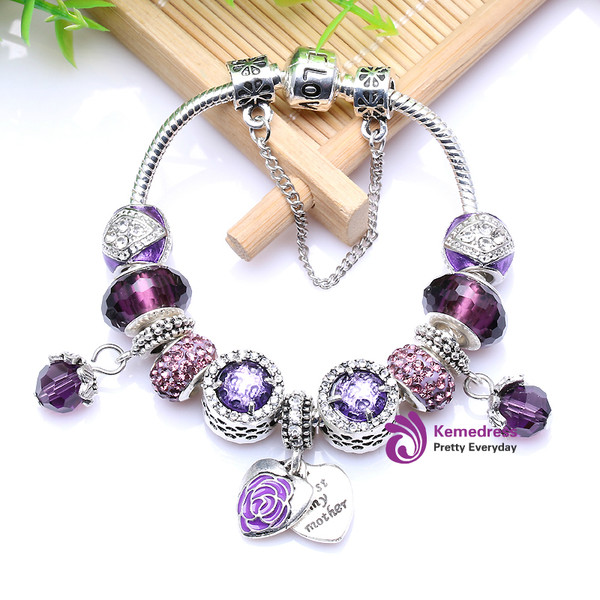 Silver Purple Rhinestone Charm Handmade Charms Bracelet fit pan Bracelets & Bangles