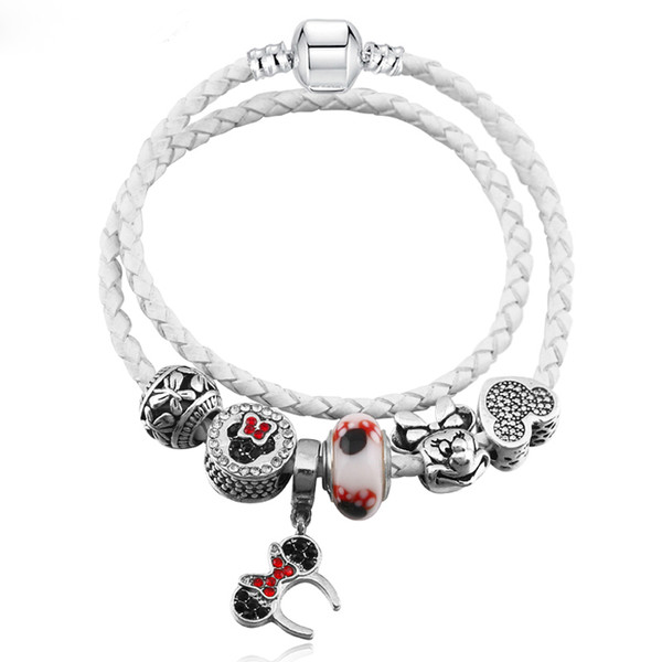 Leather Bracelet With Mickey crown Charm Beads Fits Friendship