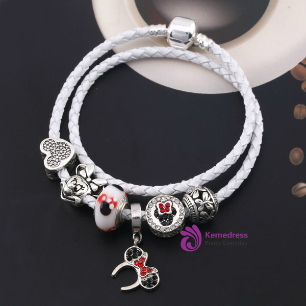 Leather Bracelet With Mickey crown Charm Beads Fits Friendship
