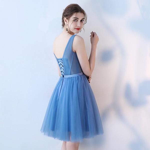 Blue A-line V-neck Applique Tulle Short Prom Dress Homecoming Dress