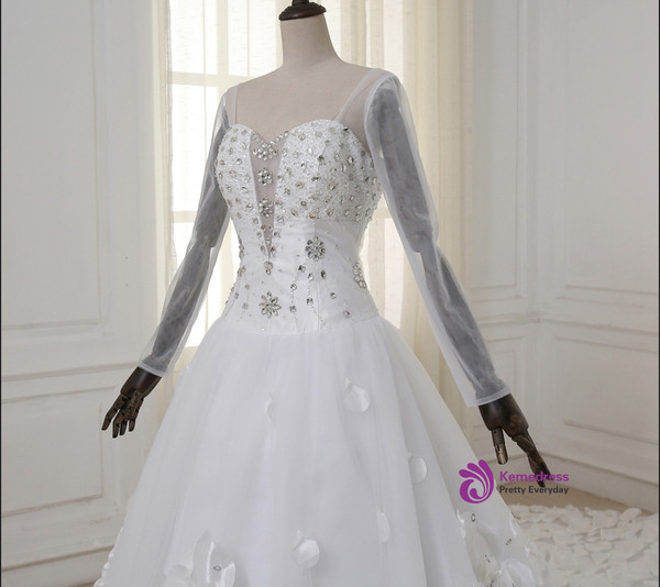 Flower Crystal Petals Train Long Leeves Backless Wedding Dress