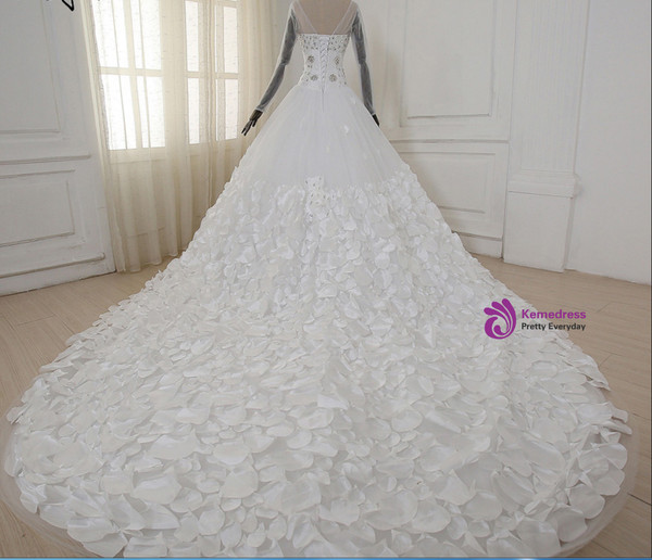 Flower Crystal Petals Train Long Leeves Backless Wedding Dress