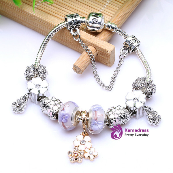 Silver Plated Purple Crystal Beads Flower Pendant DIY Charm Bracelets & Bangles