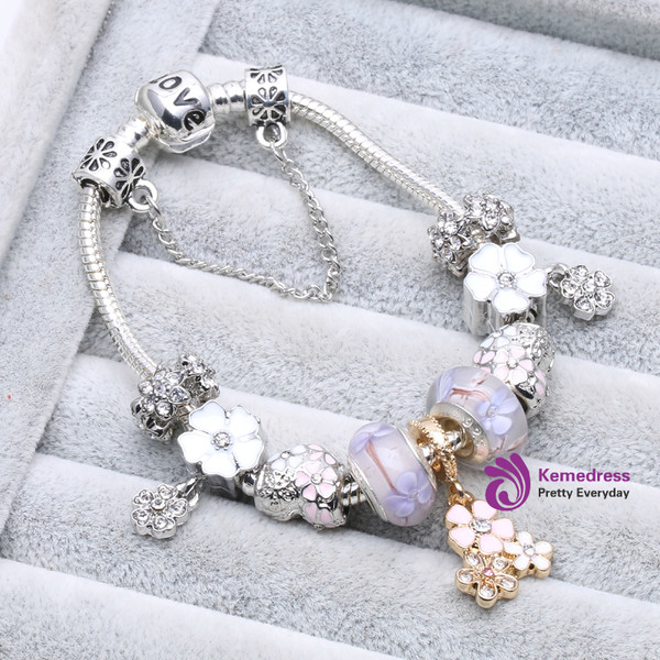 Silver Plated Purple Crystal Beads Flower Pendant DIY Charm Bracelets & Bangles