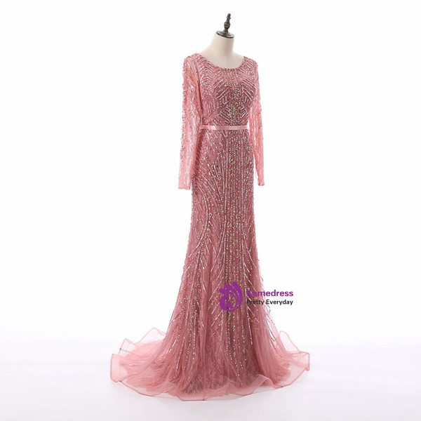 Floor Length Luxury Women Party Dresses Beading Sequined Scoop Full Sleeves