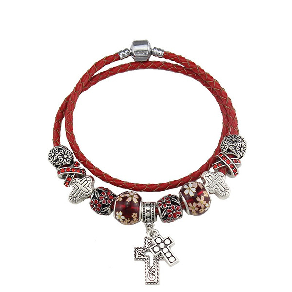 Flower Charm Crystal Beads Leather Bracelet For Women Fashion