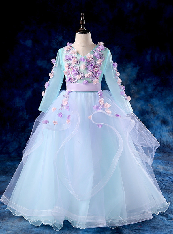 Blue Tulle V-neck Long Sleeve Appliques Flwoer Girl Dress