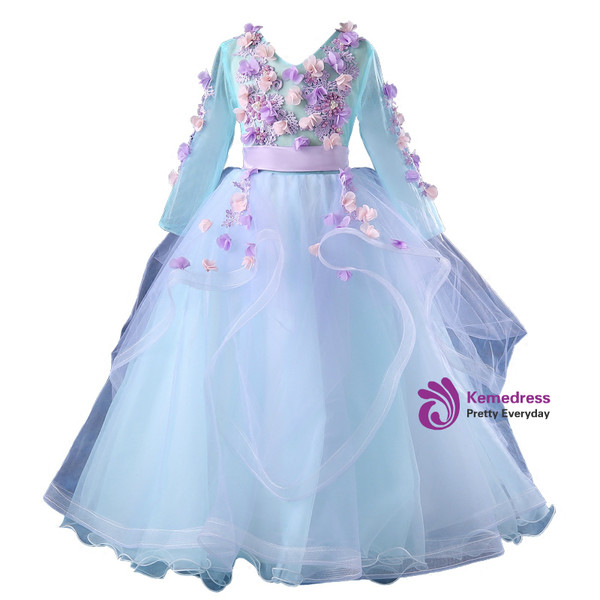 Blue Tulle V-neck Long Sleeve Appliques Flwoer Girl Dress