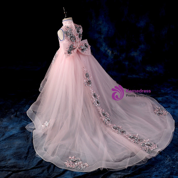 Pink High Low High Neck Embroidery Flower Girl Dress With Pearls