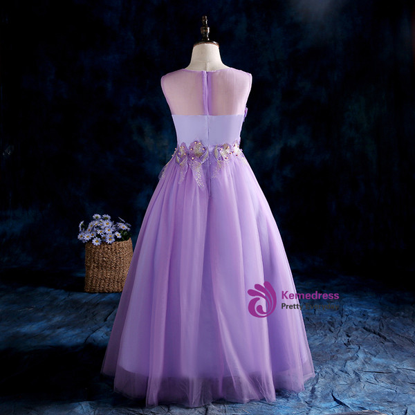 A-Line Purple Tulle Appliques Flower Girl Dress With Pearls