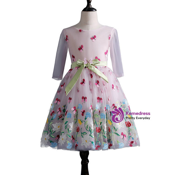 Pink Flower Girl Dress Long Sleeve Tulle Appliques Bow