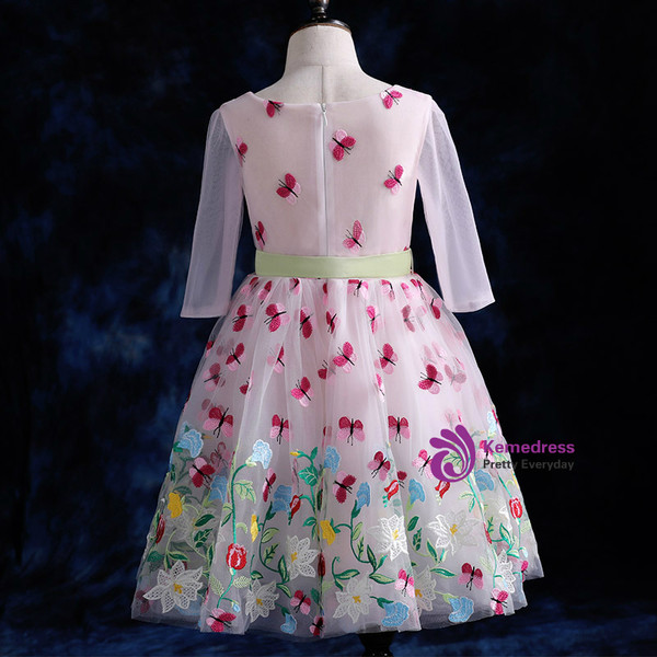 Pink Flower Girl Dress Long Sleeve Tulle Appliques Bow