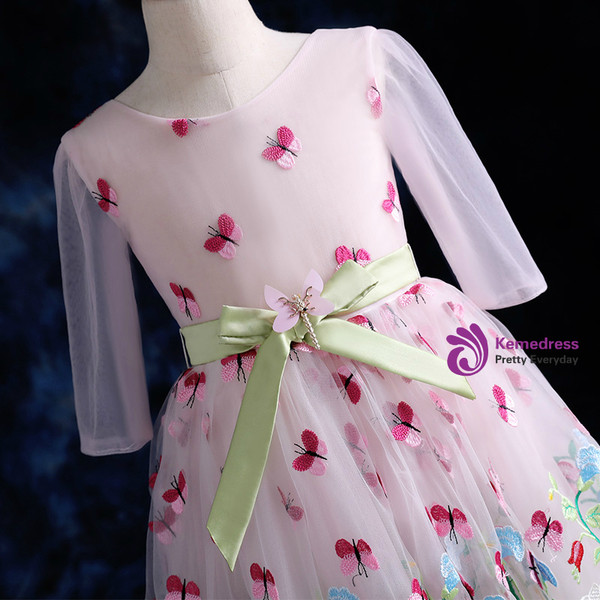 Pink Flower Girl Dress Long Sleeve Tulle Appliques Bow