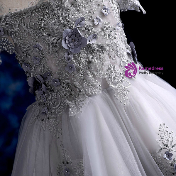 Gray Princess Dress  Off The Shoulder Tulle Appliques Flower Girl Dress