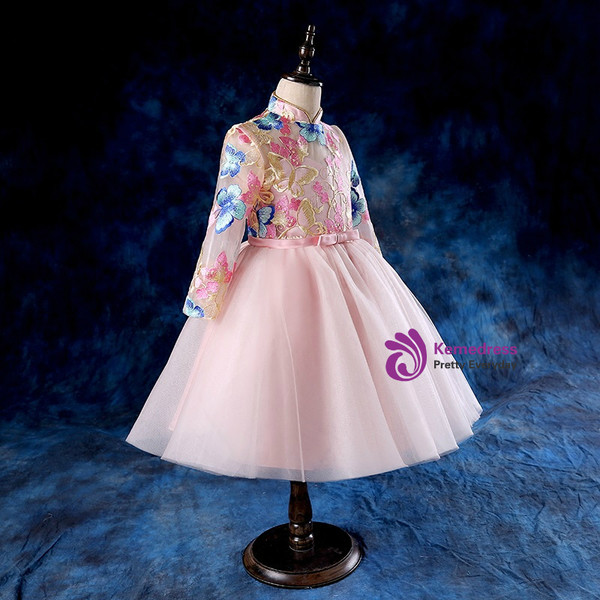 Pink Long Sleeve Tulle High Neck Flower Girl Dress