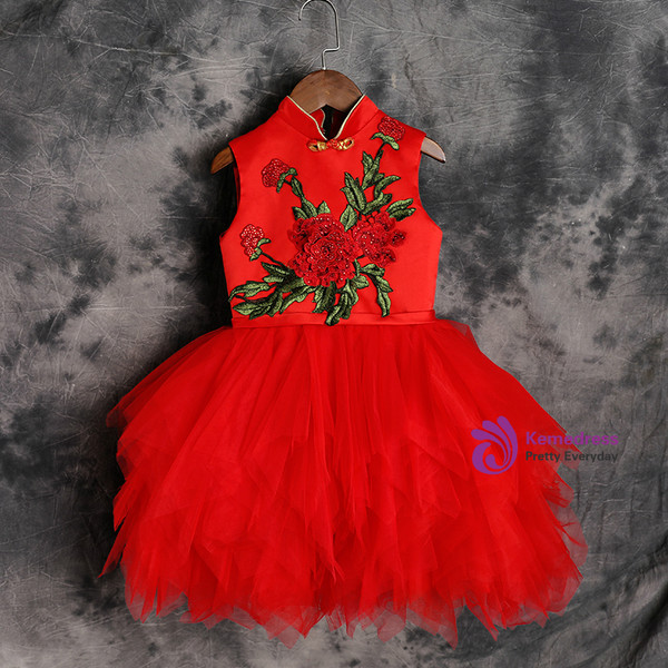 Chinese Wind Red Tulle  Appliques Flower Girl Dress
