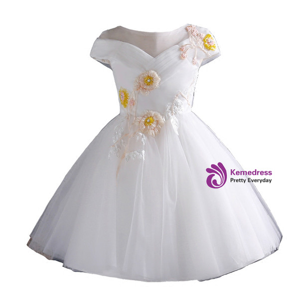 2017 White Cap Sleeve Tulle Beading Flower Girl Dress