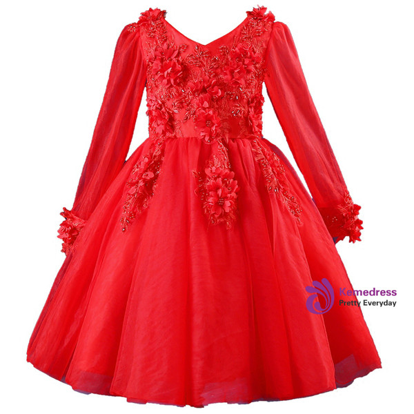 Red Long Sleeve Tulle Appliques Flower Girl Dress