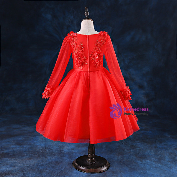 Red Long Sleeve Tulle Appliques Flower Girl Dress