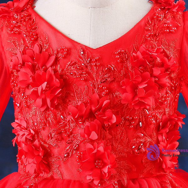 Red Long Sleeve Tulle Appliques Flower Girl Dress