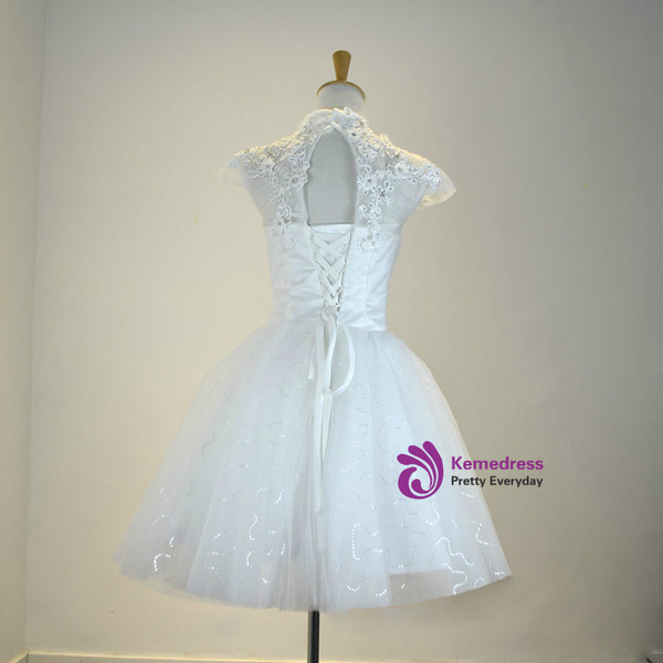 White Knee Length Cap Sleeve Tulle Short Wedding Dress