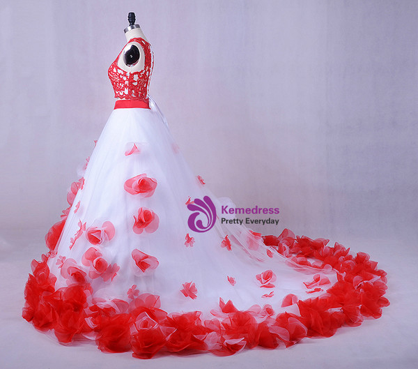 2017 White And Red Girls Flowers Vintage Lace Two Piece Prom Dress