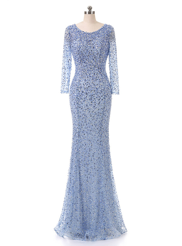 Floor-length party dress beading sequin fishtail long sleeve evening dress