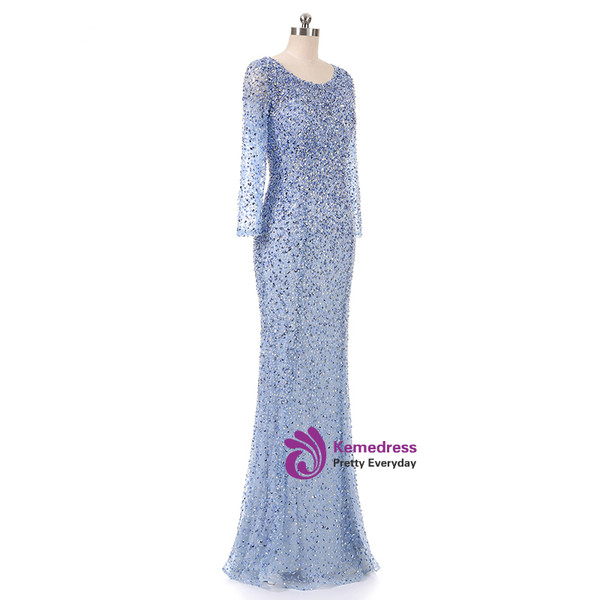 Floor-length party dress beading sequin fishtail long sleeve evening dress