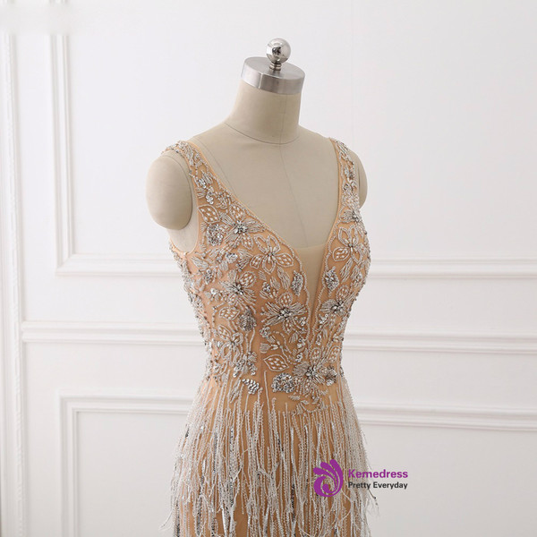 Sexy V-Neck Heavy Beaded Prom Dresses With Crystal Sequined Mermaid Evening Dresses 2018