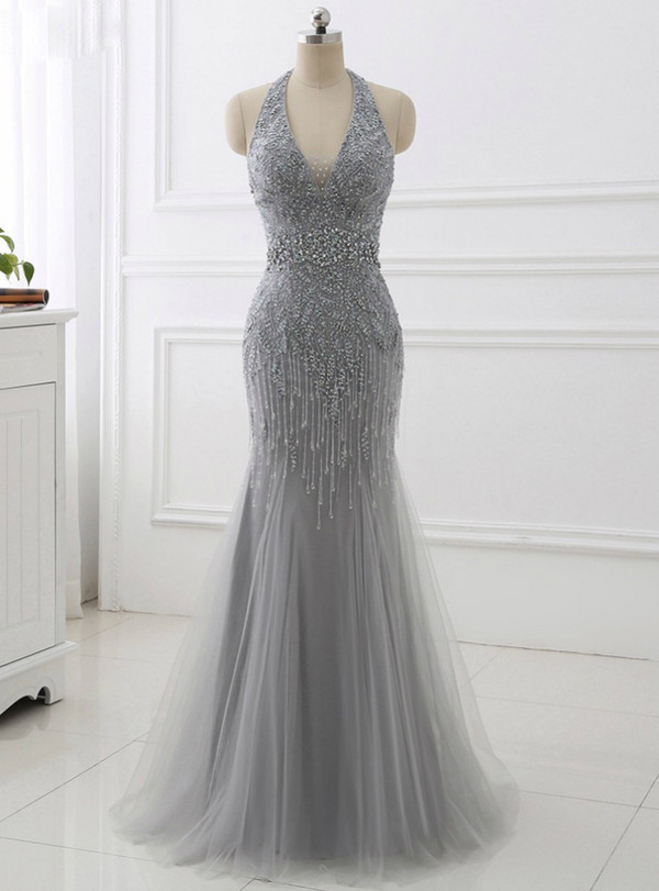 2018 Mermaid Beading Formal Women Dresses Sexy Backless Gray Tassel Evening Dress