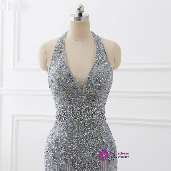 2018 Mermaid Beading Formal Women Dresses Sexy Backless Gray Tassel Evening Dress