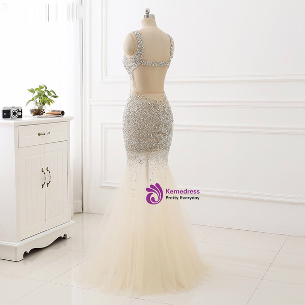 beaded Prom Dresses Mermaid Tulle Scoop Evening Party Dress