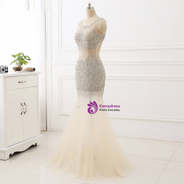 beaded Prom Dresses Mermaid Tulle Scoop Evening Party Dress