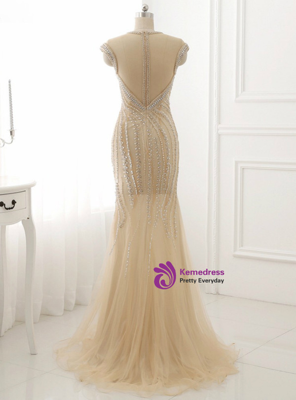 Mermaid Tulle Beading Evening Dress O Neck Short Sleeve